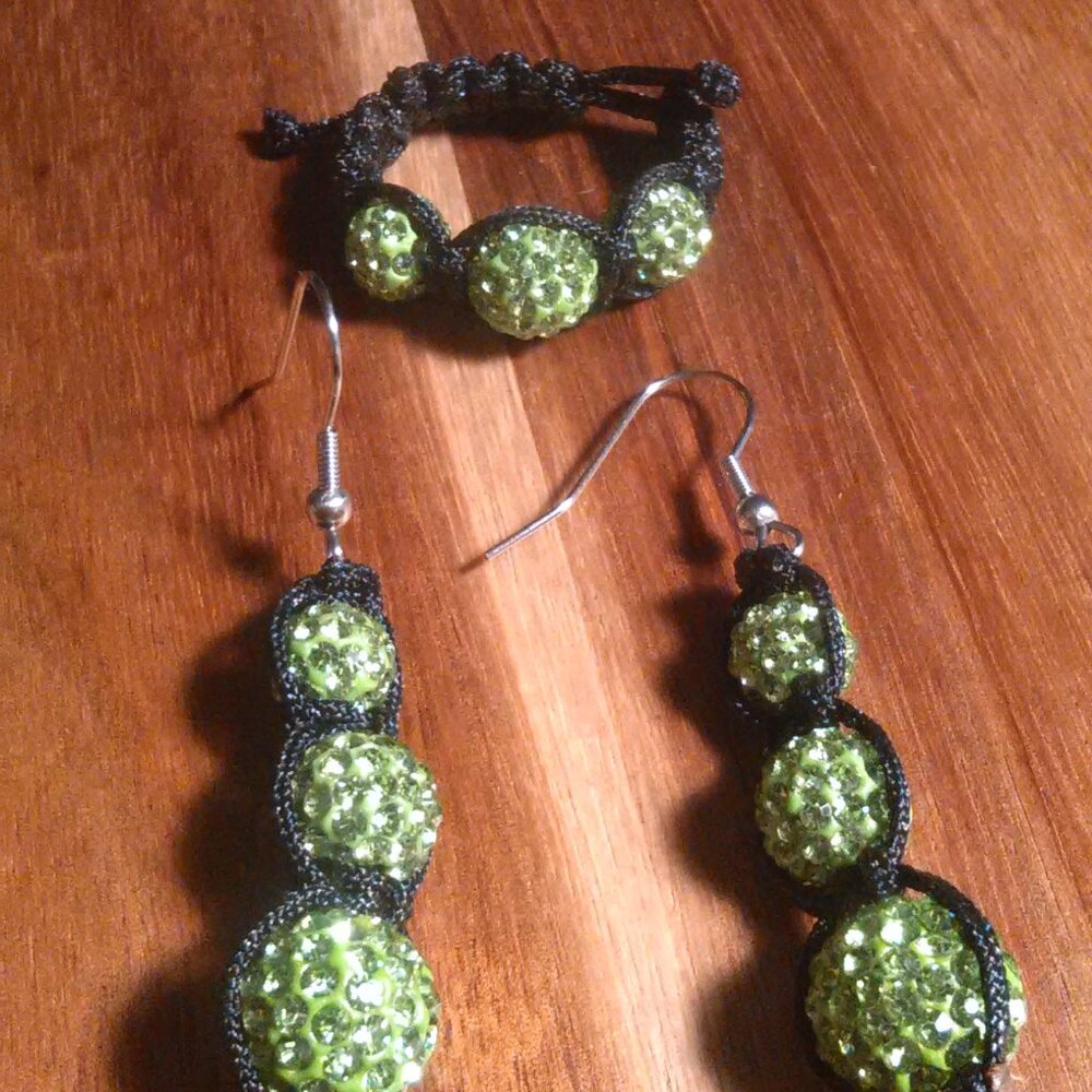 Green Crystal Black Corded Adjustable Ring and Stainless Steel Dangle Earrings